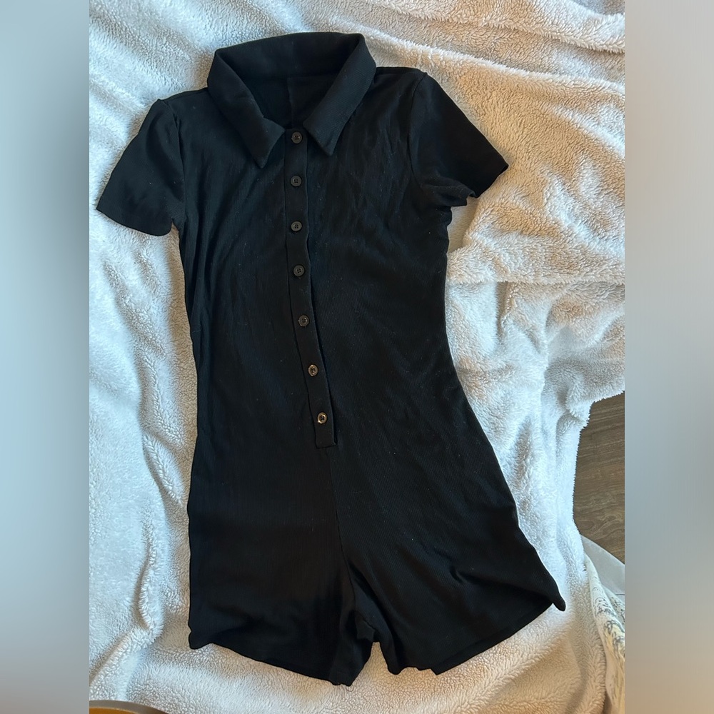 Ribbed Black T-Shirt Romper - XS